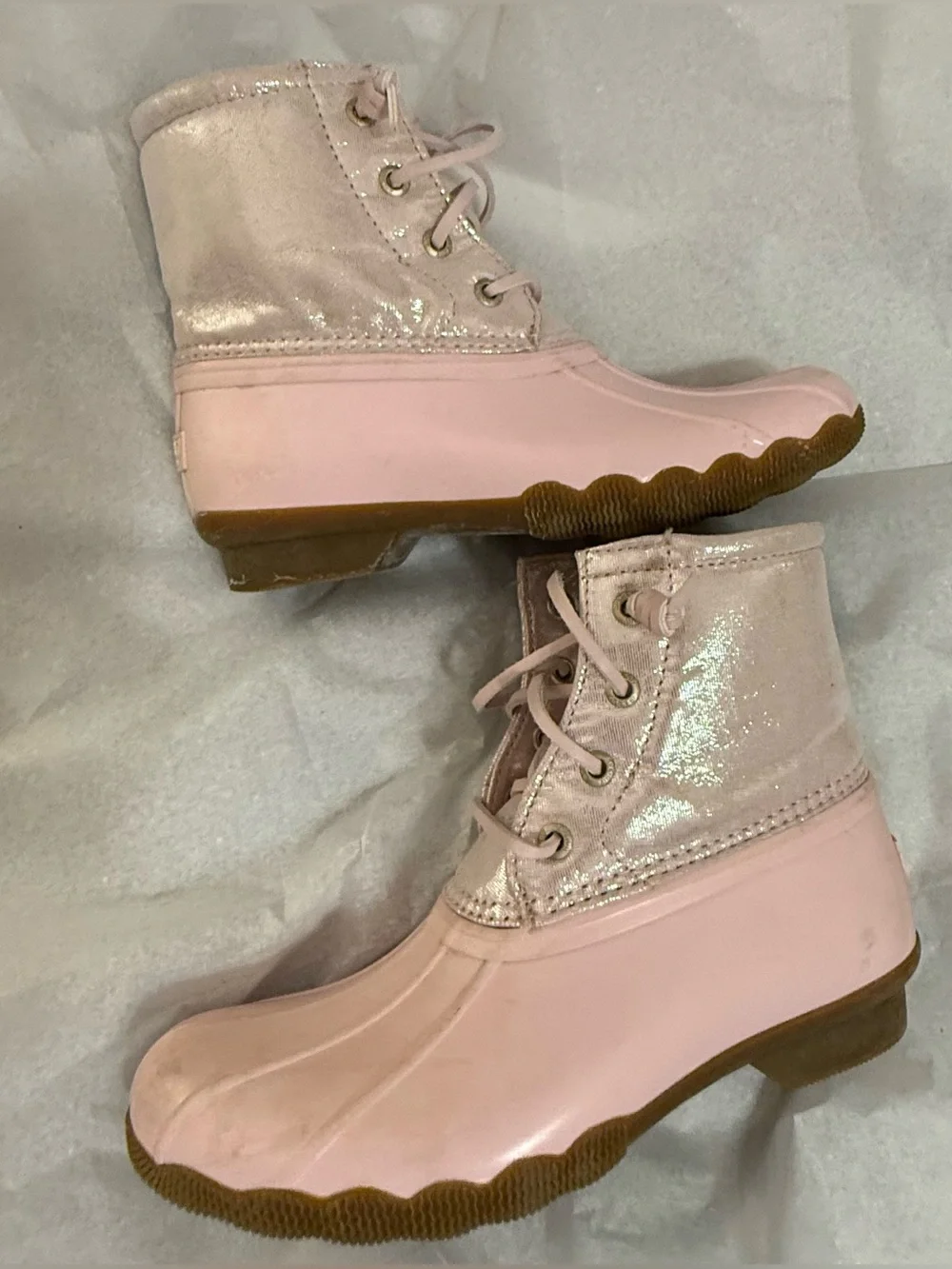 Sperry Saltwater Duck Boots pink rubber duck shell, shimmer metallic blush upper